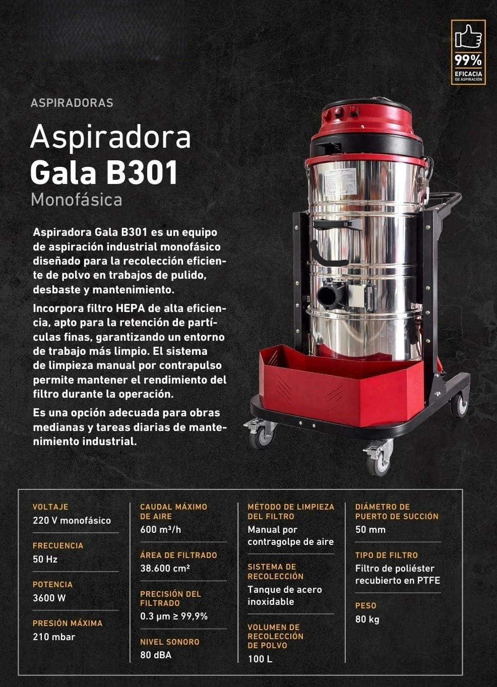 Aspiradora industrial Gala B301 para trabajos de pulido