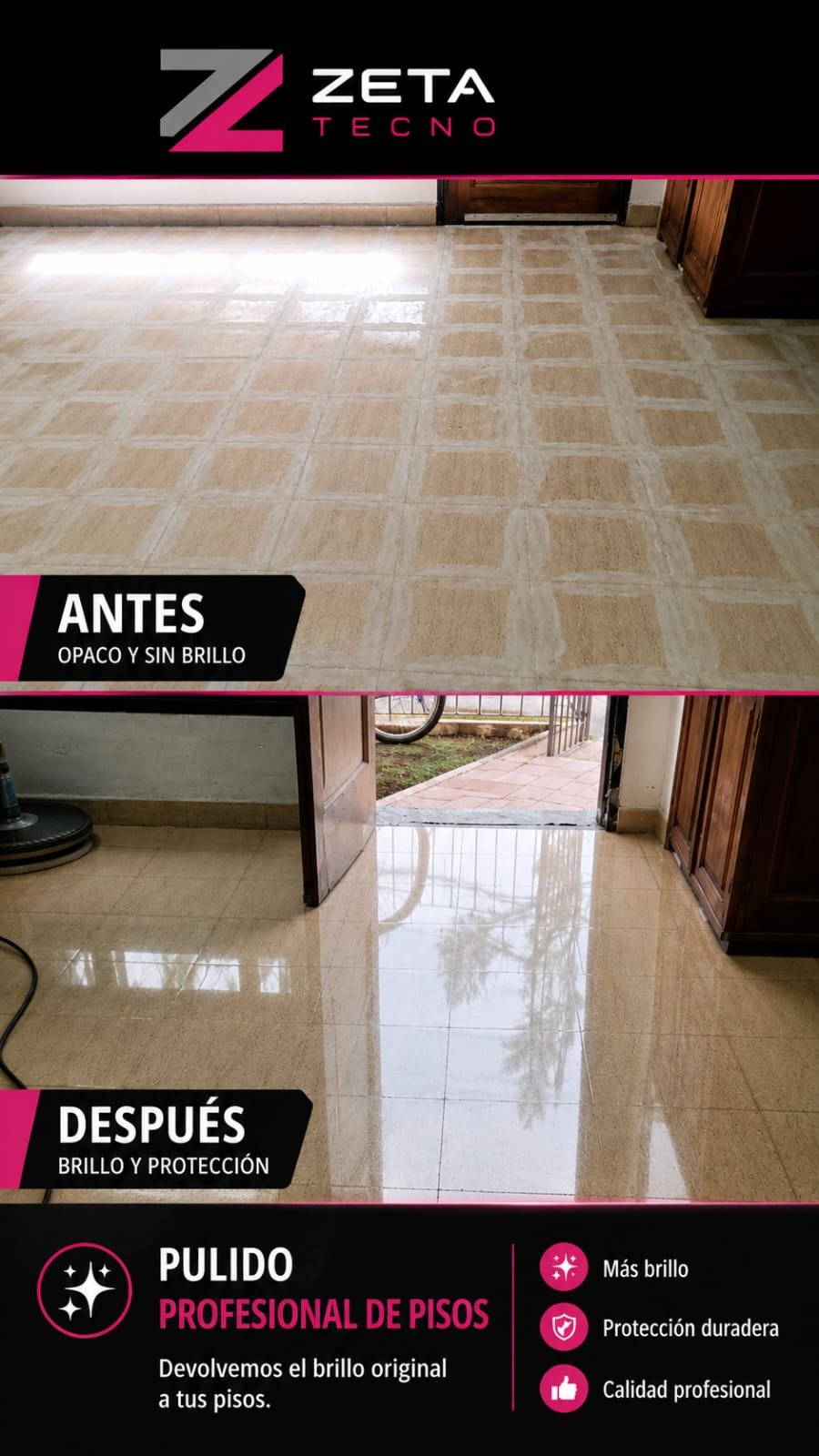 Antes y después de pulido profesional de piso de mosaico