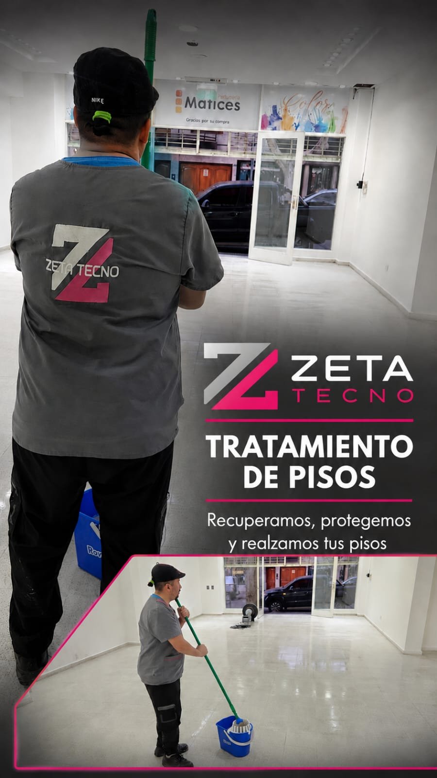 Personal de Zeta Tecno realizando tratamiento profesional de pisos